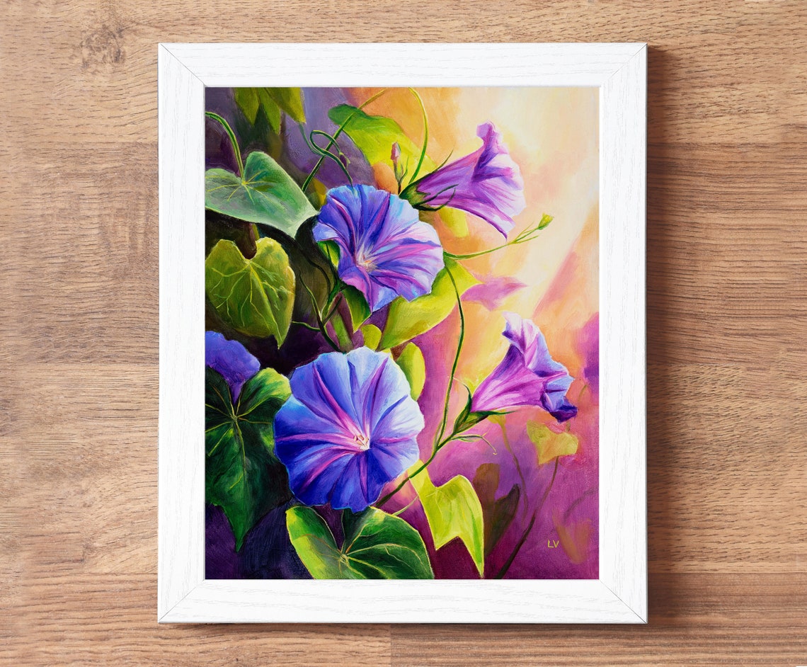 Purple And Blue Morning Glories Glowing In Warm Sunlight Floral Poster