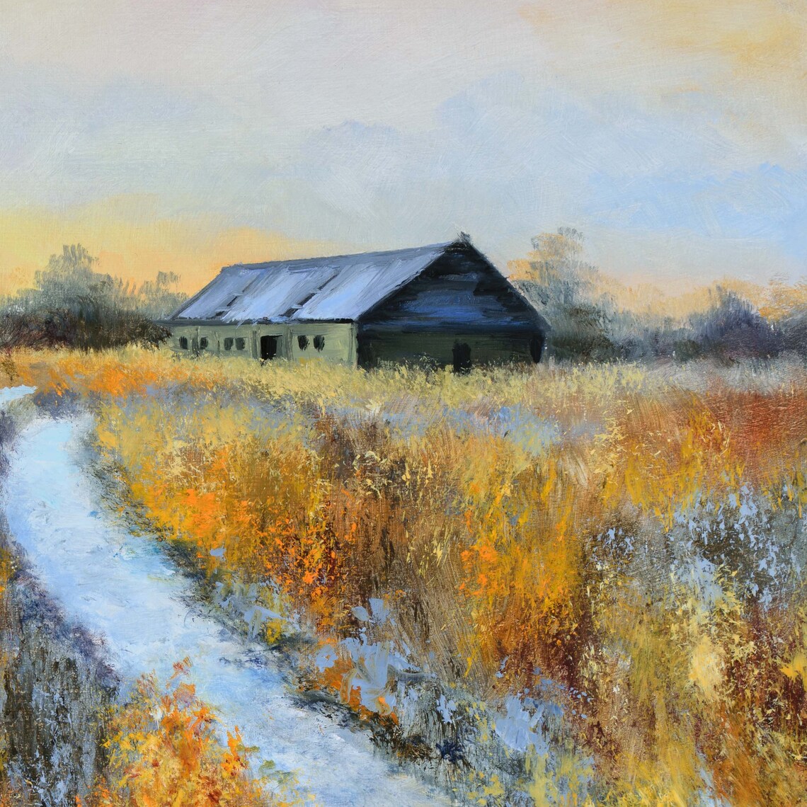 Snowy Farm Road Winter Landscape Oil Painting With Old Barn Poster - Image 2