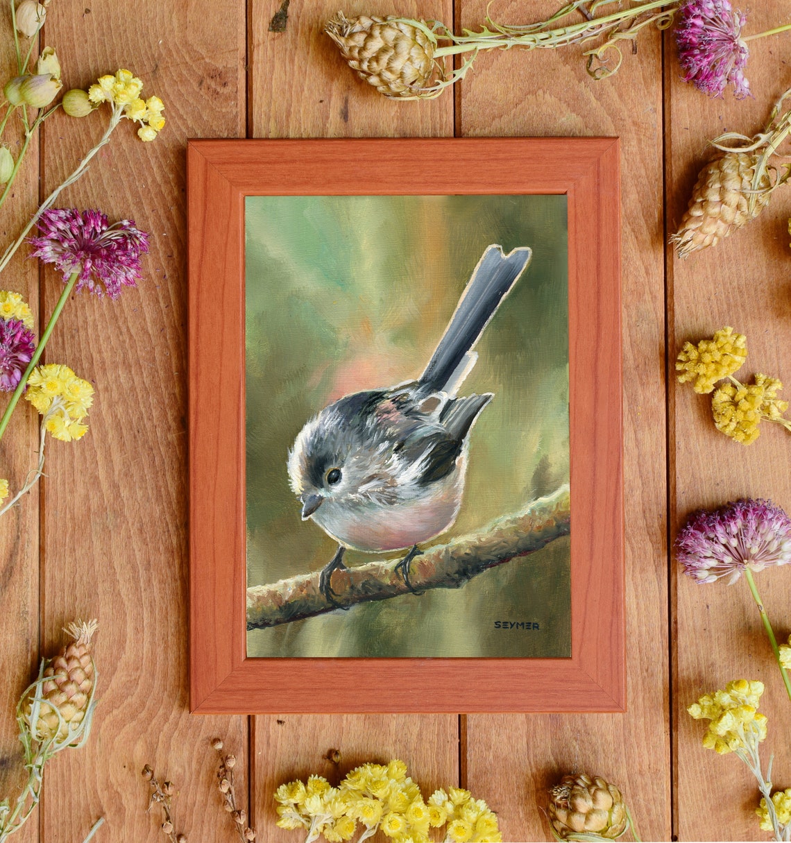 Long-Tailed Tit Perched on a Branch Wildlife Bird Painting Poster - Image 4