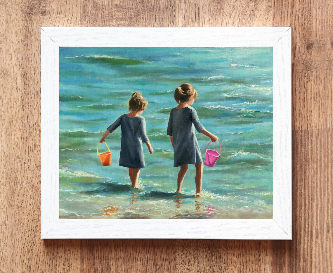 Two Little Girls Wading into the Sea with Colorful Buckets Poster - Image 6