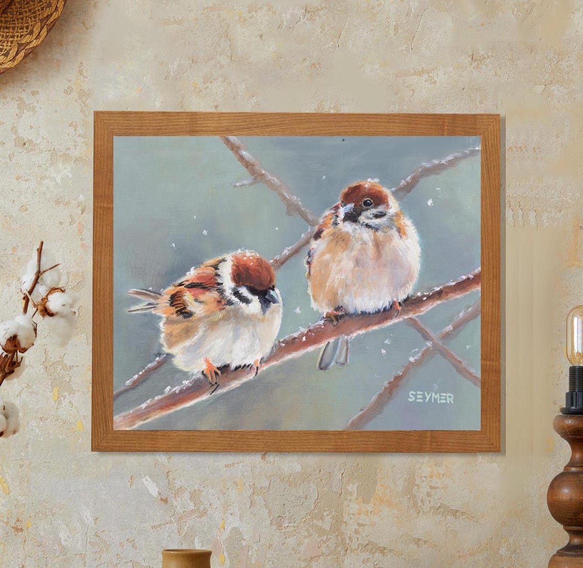 Two Sparrows On Snowy Branch Bird Oil Painting Winter Poster