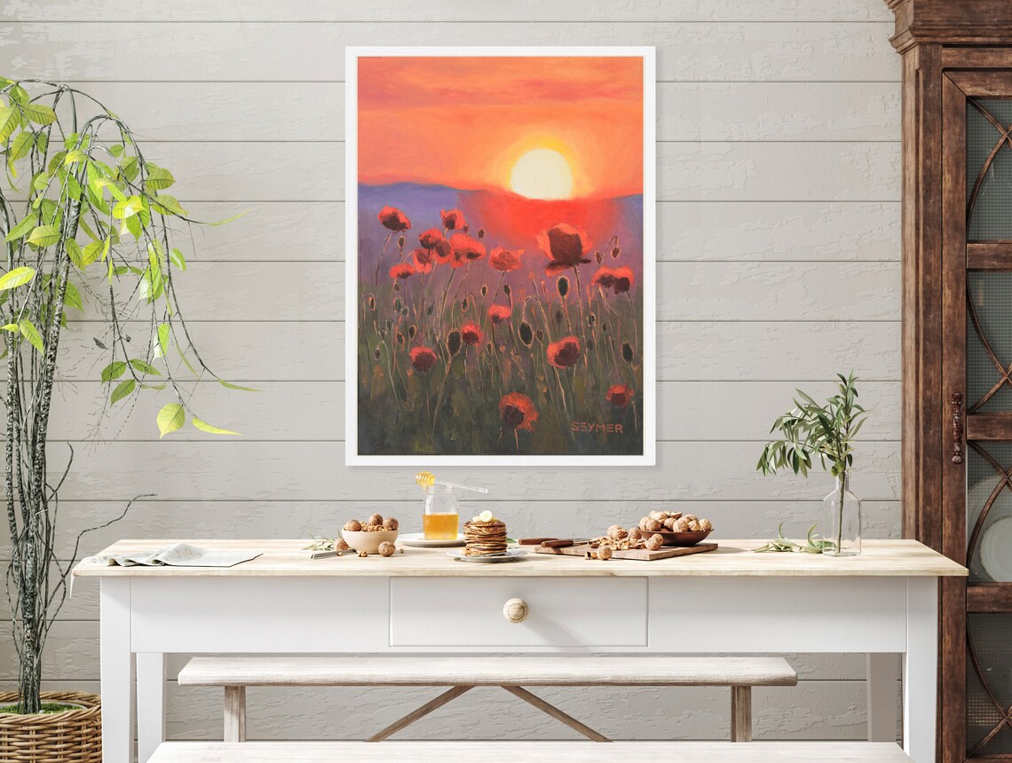 Red Poppies Swaying in the Wind Against a Fiery Sunset Poster - Image 4