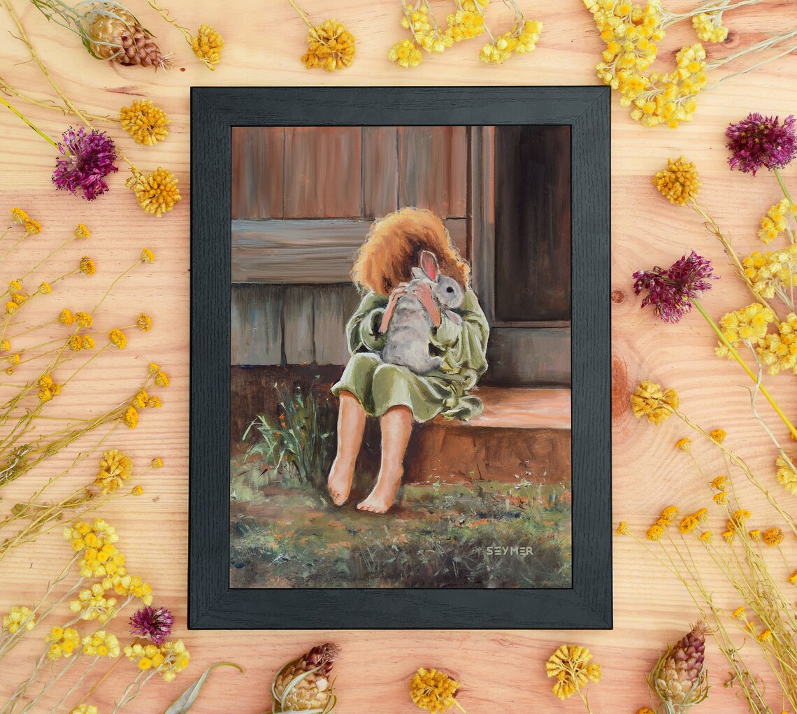Little Girl with Curly Red Hair Cuddling a Rabbit on a Porch Poster - Image 6