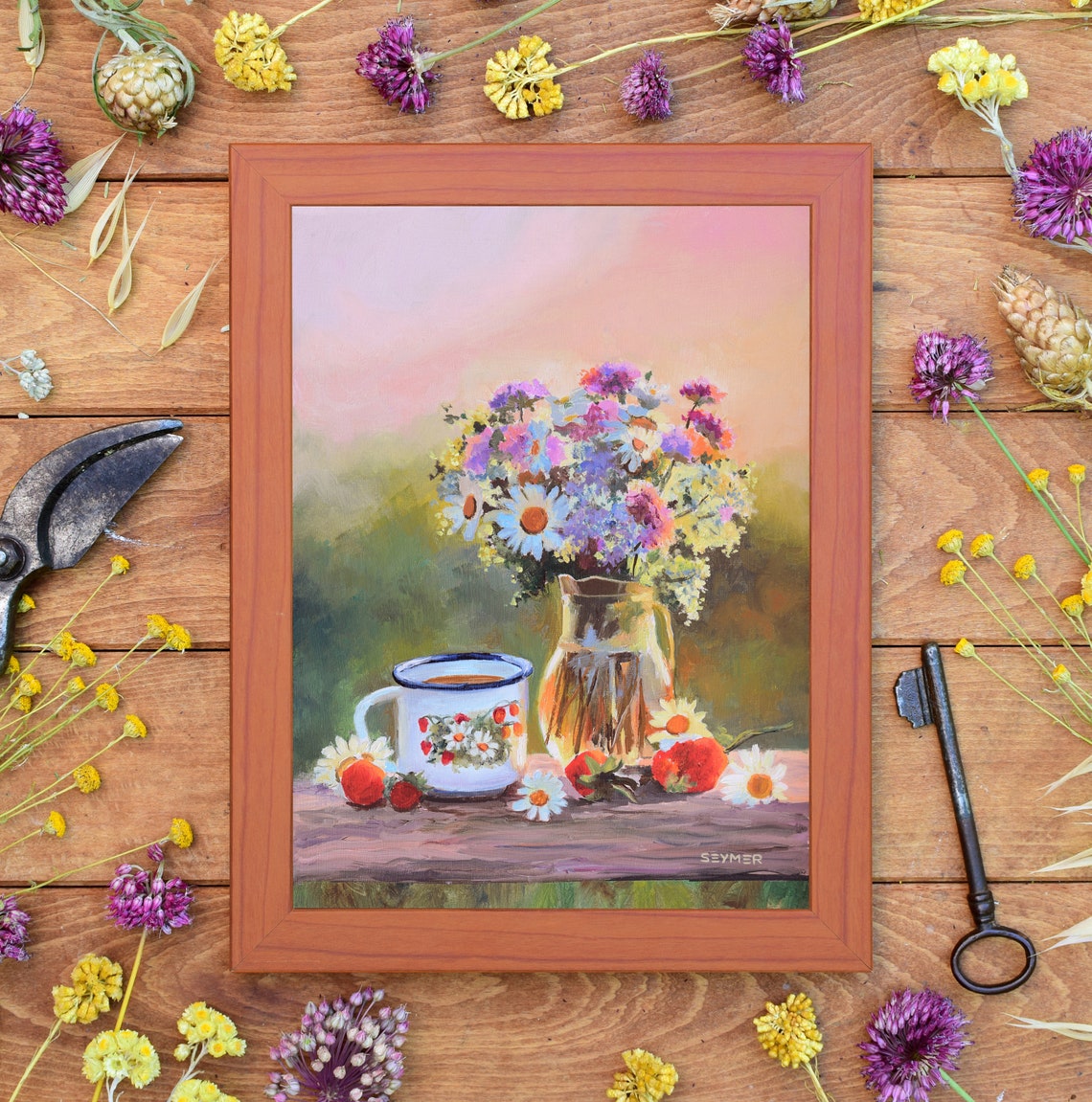 Wildflowers in a Glass Pitcher Still Life Oil Painting Poster - Image 2