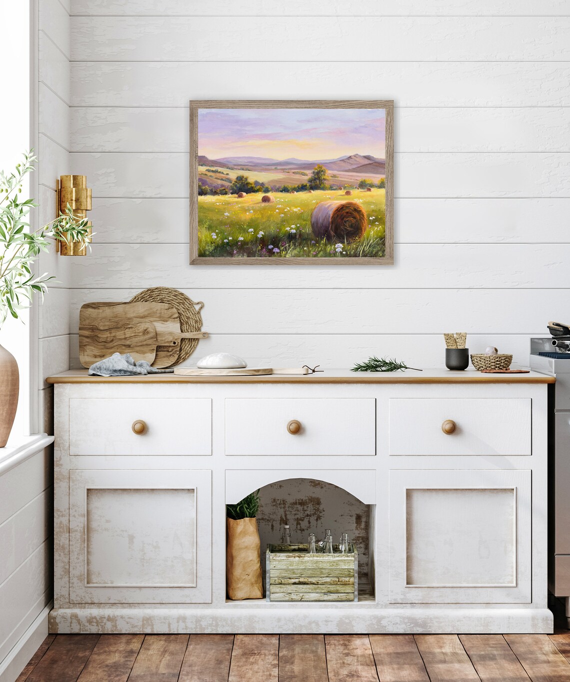 Round Hay Bales in a Golden Sunset Meadow Oil Painting Farm Poster - Image 3