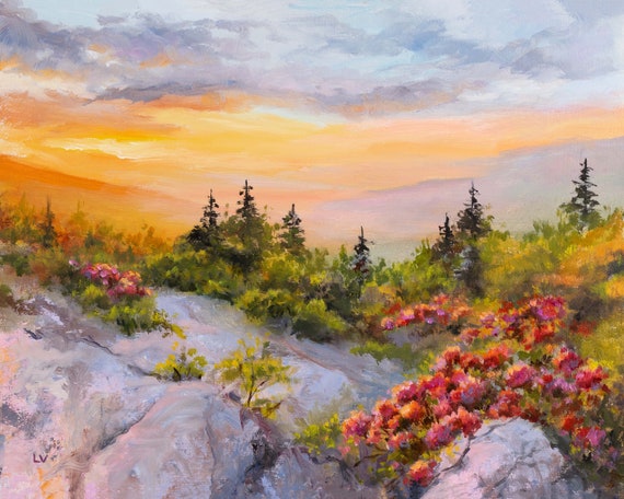 Great Smoky Mountains Art Original Blue Ridge Mountains Parkway Panoramic Sunset Oil Painting Rhododendron Bloom Fireplace Wall Decor