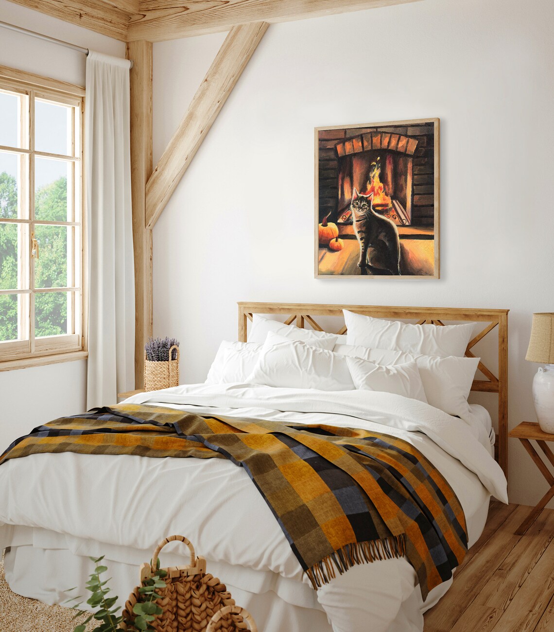 Tabby Cat By Fireplace Autumn Oil Painting With Pumpkins Poster - Image 5