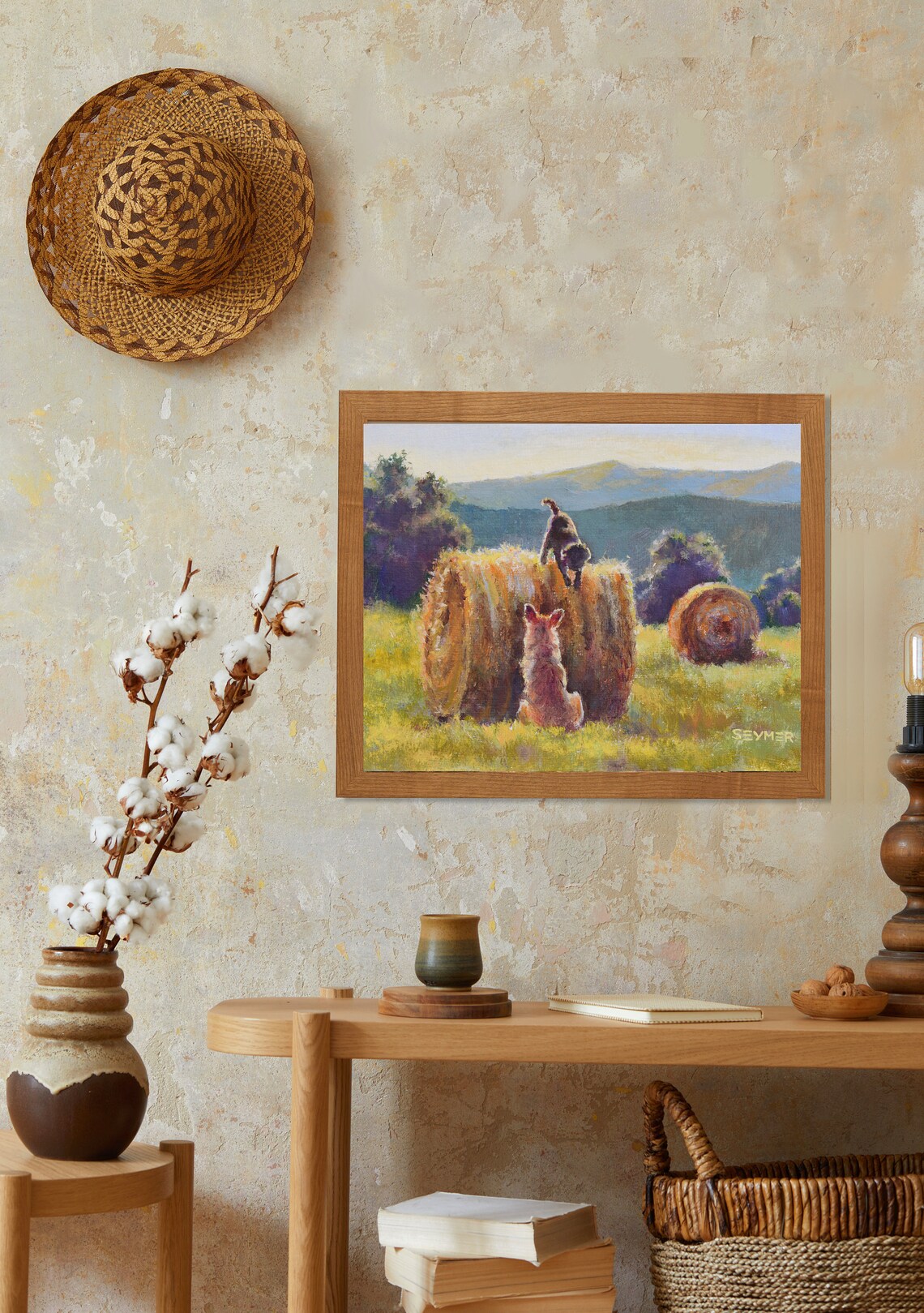Two Playful Dogs Climbing on Hay Bales at Golden Hour Poster - Image 4
