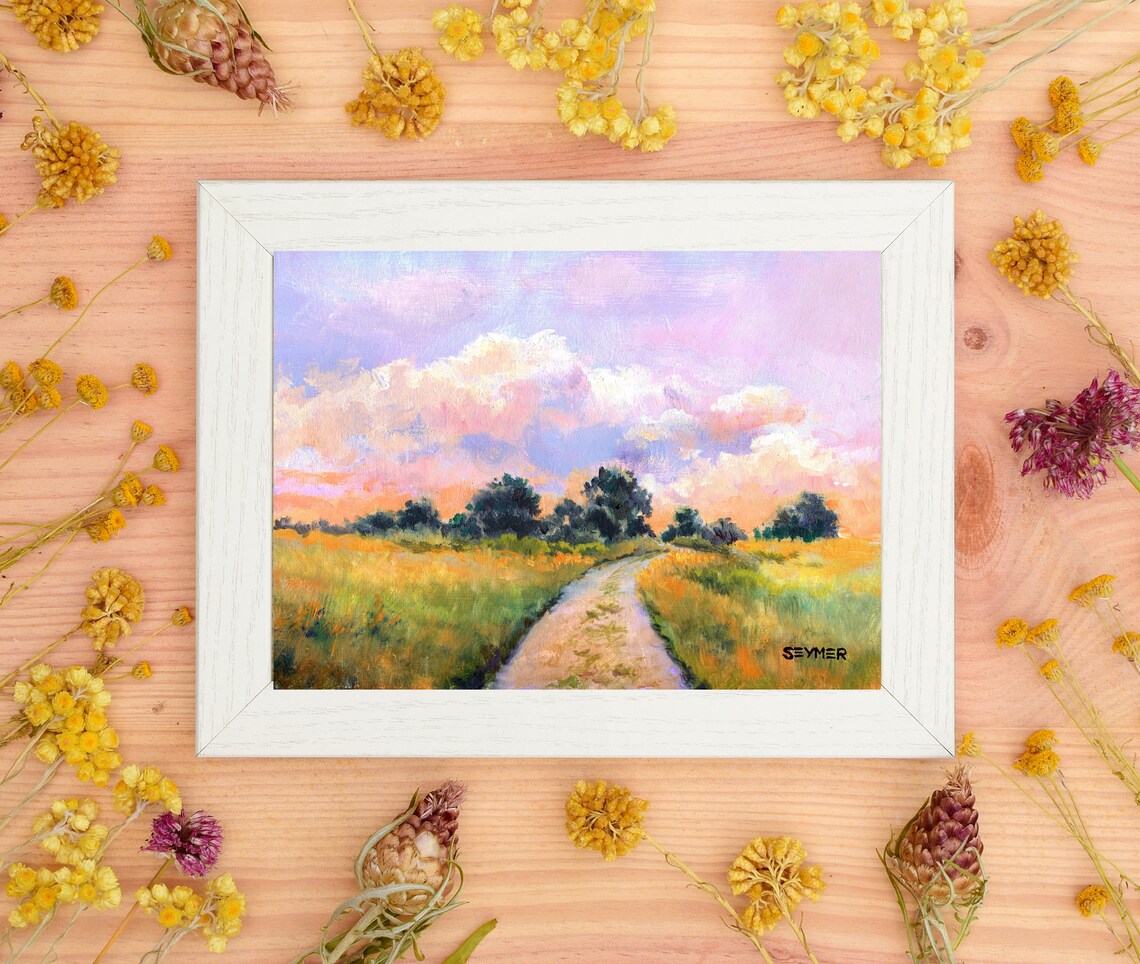 Country Road At Sunset Landscape Oil Painting With Pink Clouds Poster - Image 4
