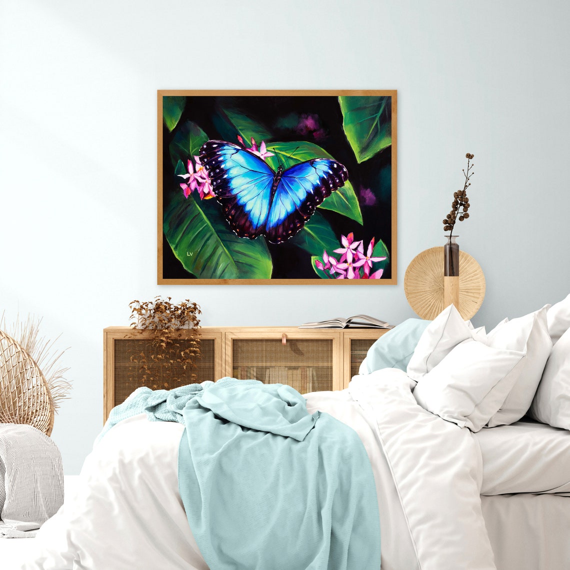 Blue Morpho Butterfly Pink Flowers Tropical Night Oil Painting Poster - Image 5