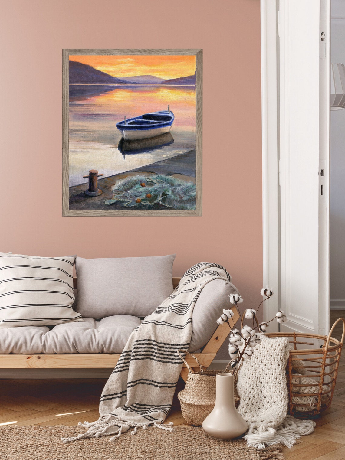 Wooden Row Boat Painting Print Calm Lake Jetty Art Pier Fishboat Sunset Art Poster Dock Bay Water Reflections Fishing Lover Gift For Dad - Image 4