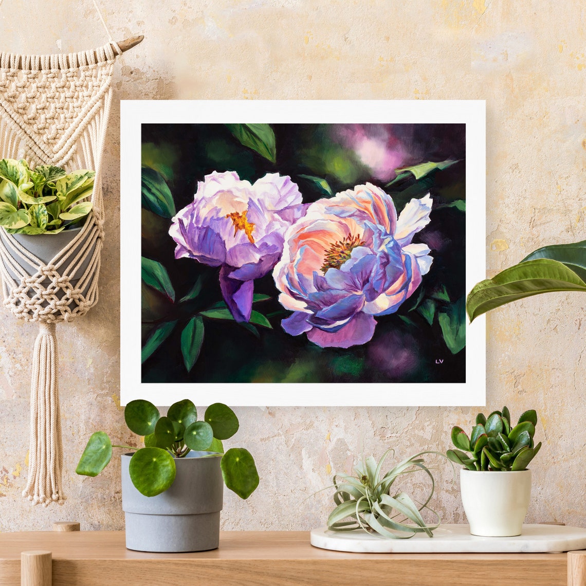 Pink Peony Blossoms Blooming Against a Dark Shadowy Garden Poster - Image 5