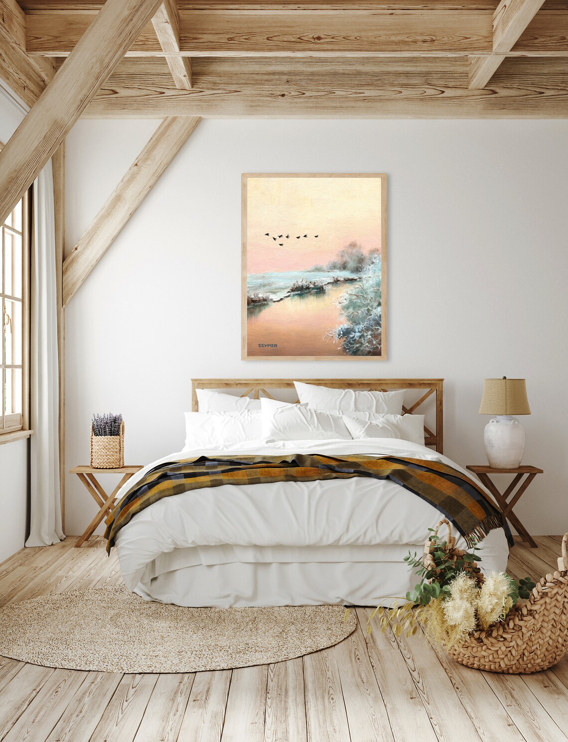 Winter Sunrise over a Frozen River with a Flock of Birds Poster - Image 2