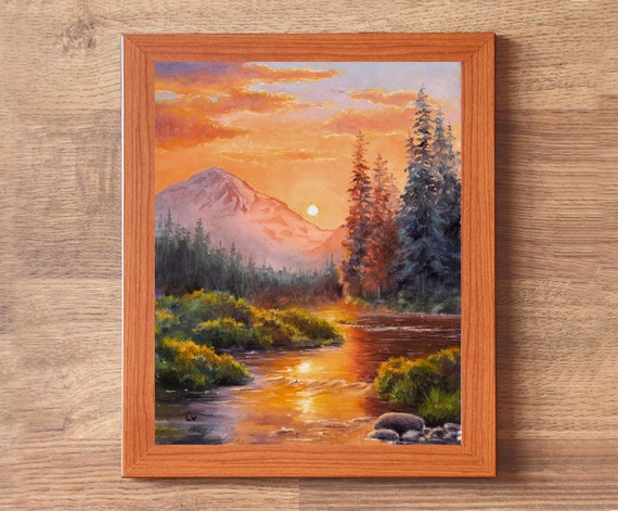 Mountains Pine Trees Original Painting Golden Hour River Art Magic Nature Landscape Artwork Sky Colors Wall Art Warm Colors Decoration
