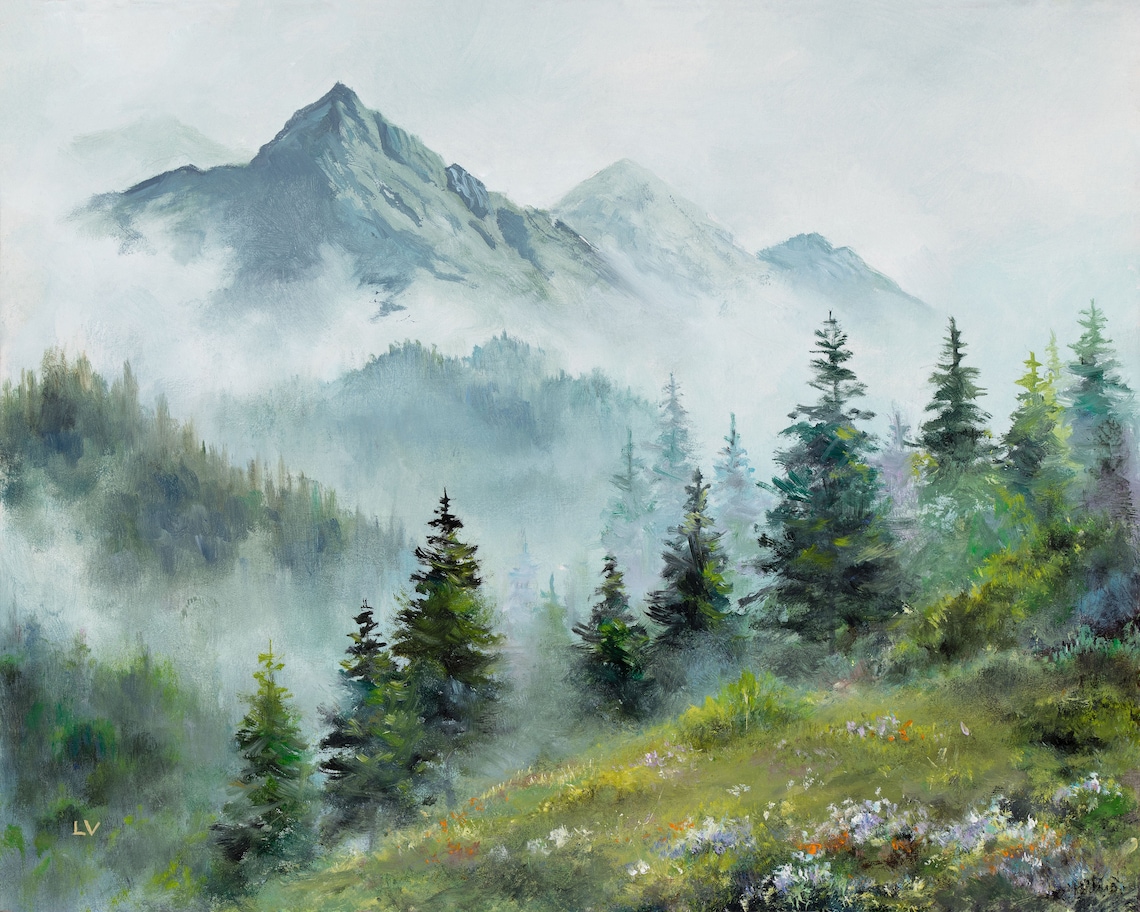 Misty Mountains Pine Trees Art Print, Washington Wilderness