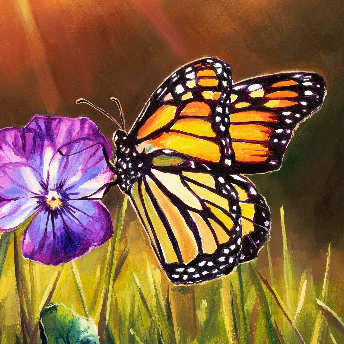 Monarch Butterfly Purple Pansy Sunlit Grass Field Oil Painting Poster - Image 4