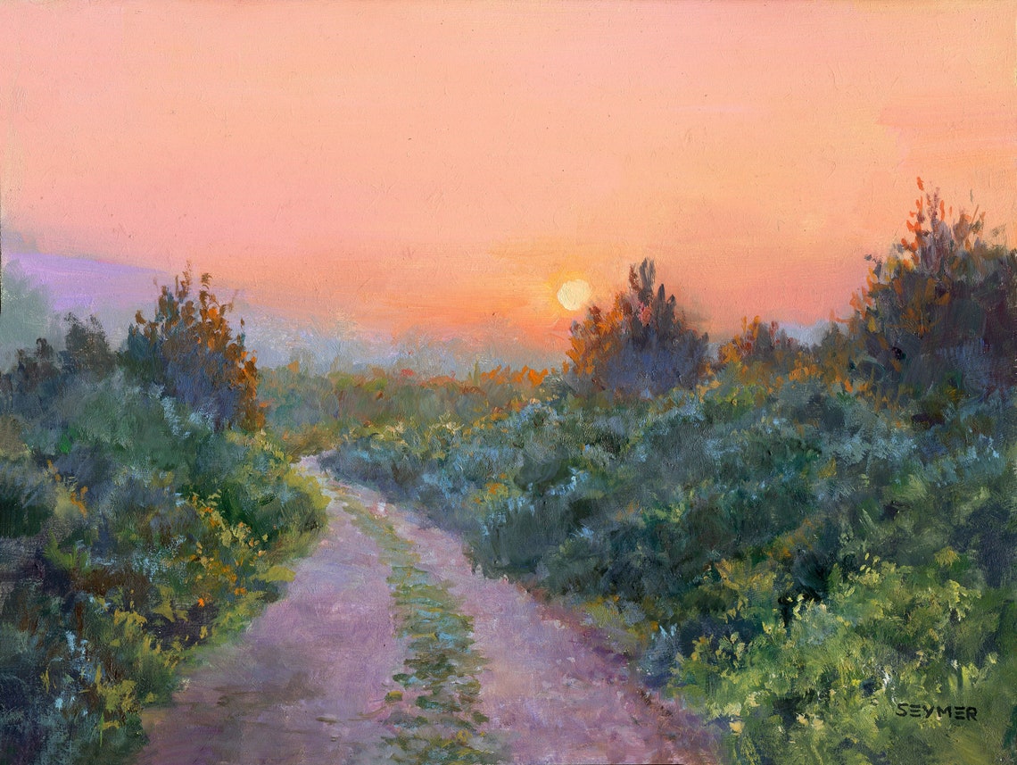 Country Lane Winding toward a Peach-Colored Sunset Sky Poster - Image 5
