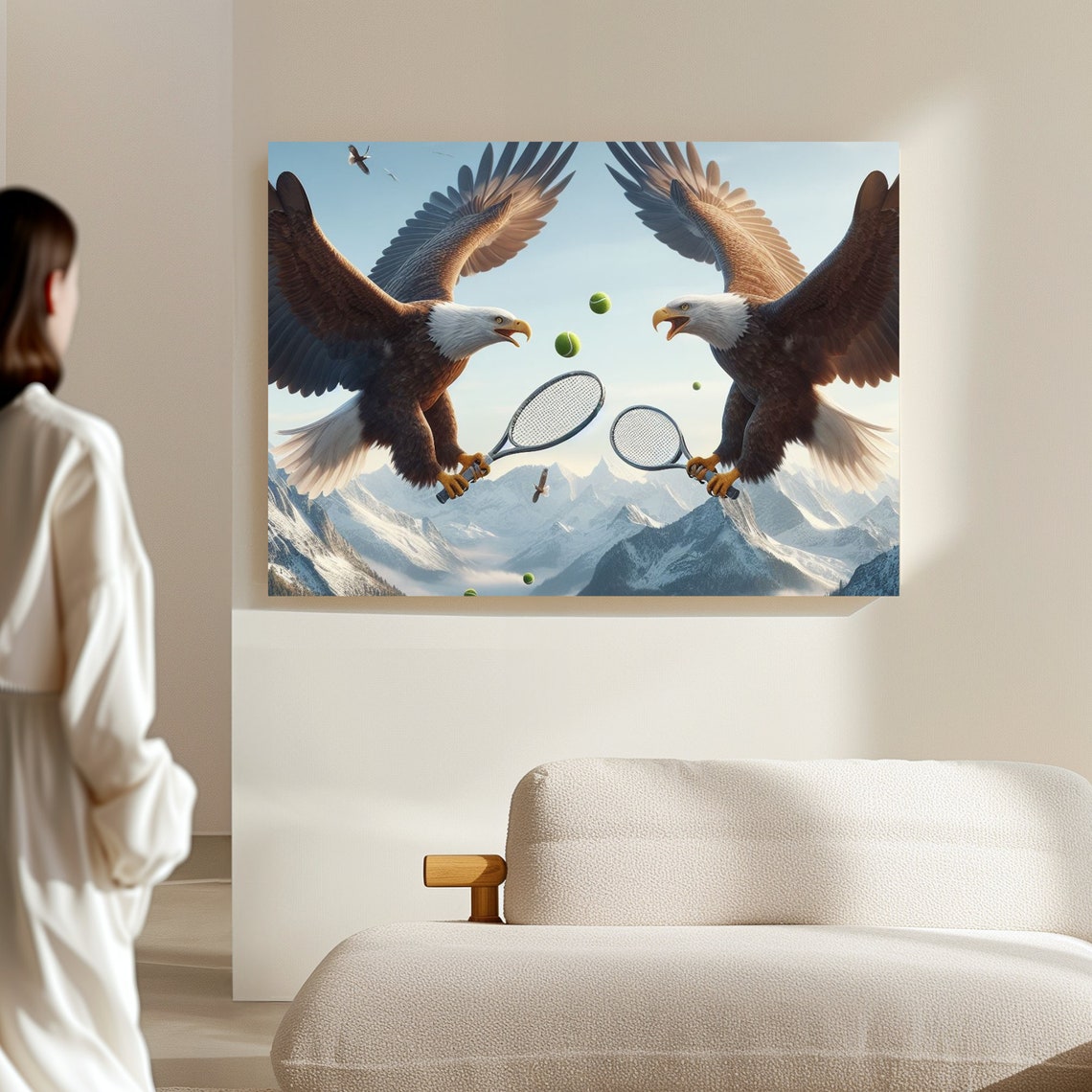 Two Bald Eagles Playing Tennis Above Snowy Mountain Peaks Poster - Image 4