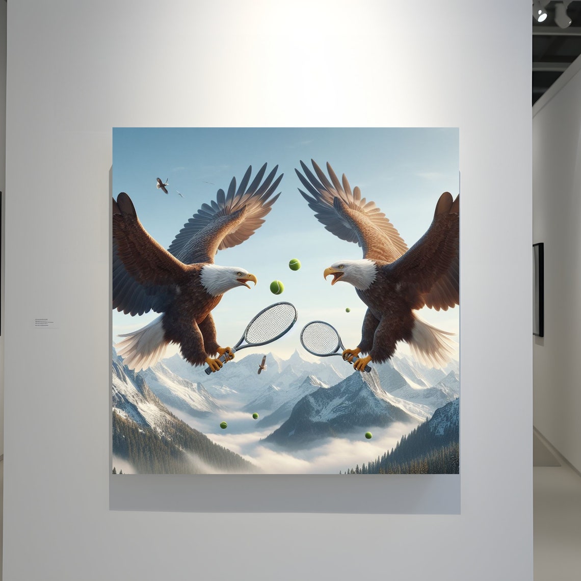 Two Bald Eagles Playing Tennis Above Snowy Mountain Peaks Poster - Image 3