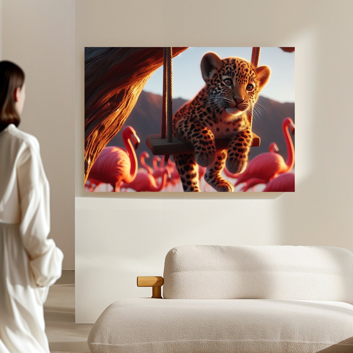 Whimsical Leopard Cub on a Swing Over a Flamingo Lake Sunset Poster - Image 4