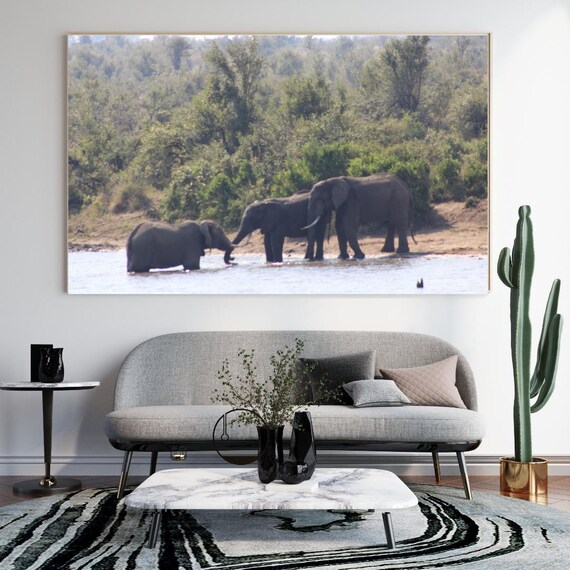 Elephants at an African Waterhole Safari Wildlife Photography Poster