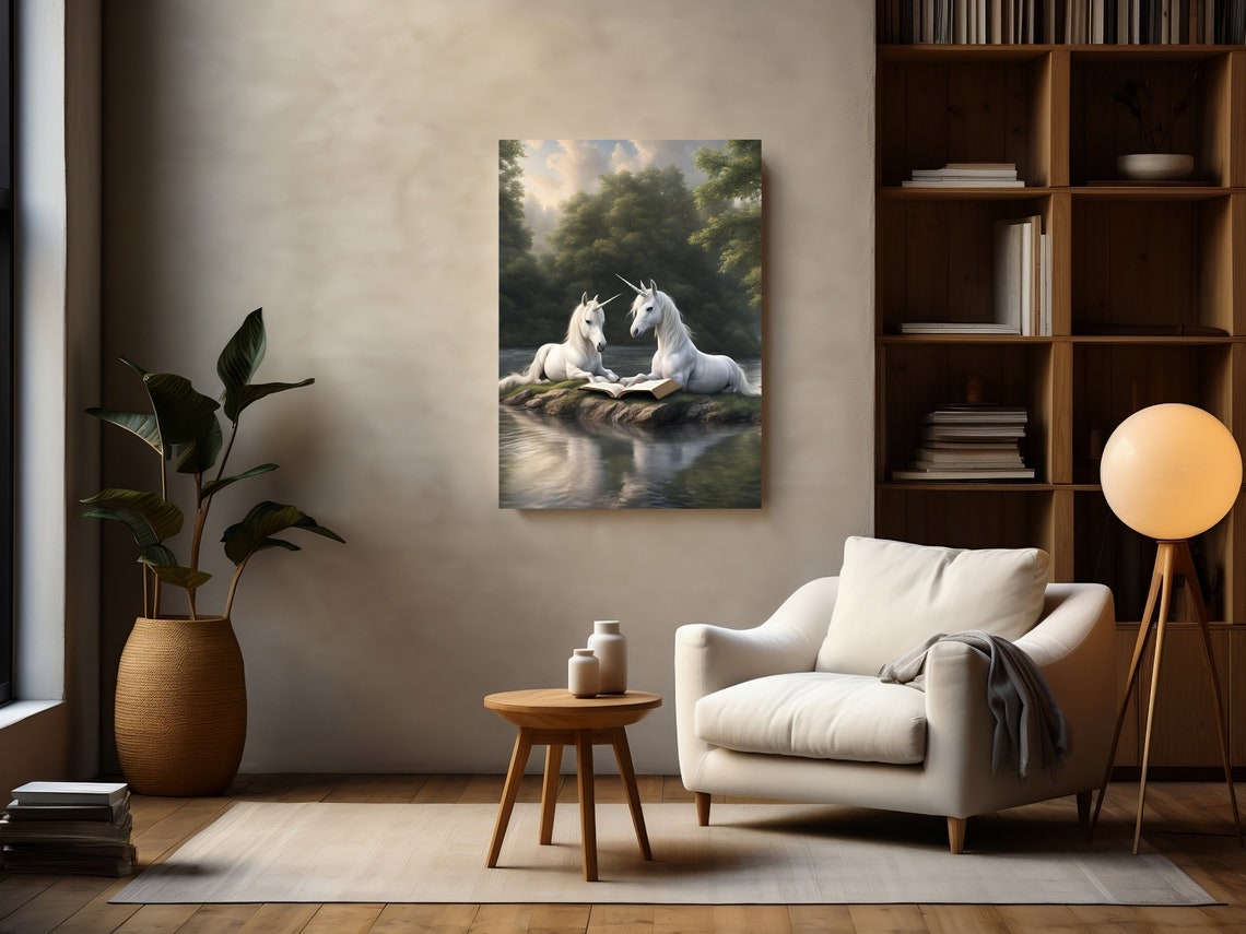 Whimsical White Unicorns Reading an Open Book by a River Poster - Image 2