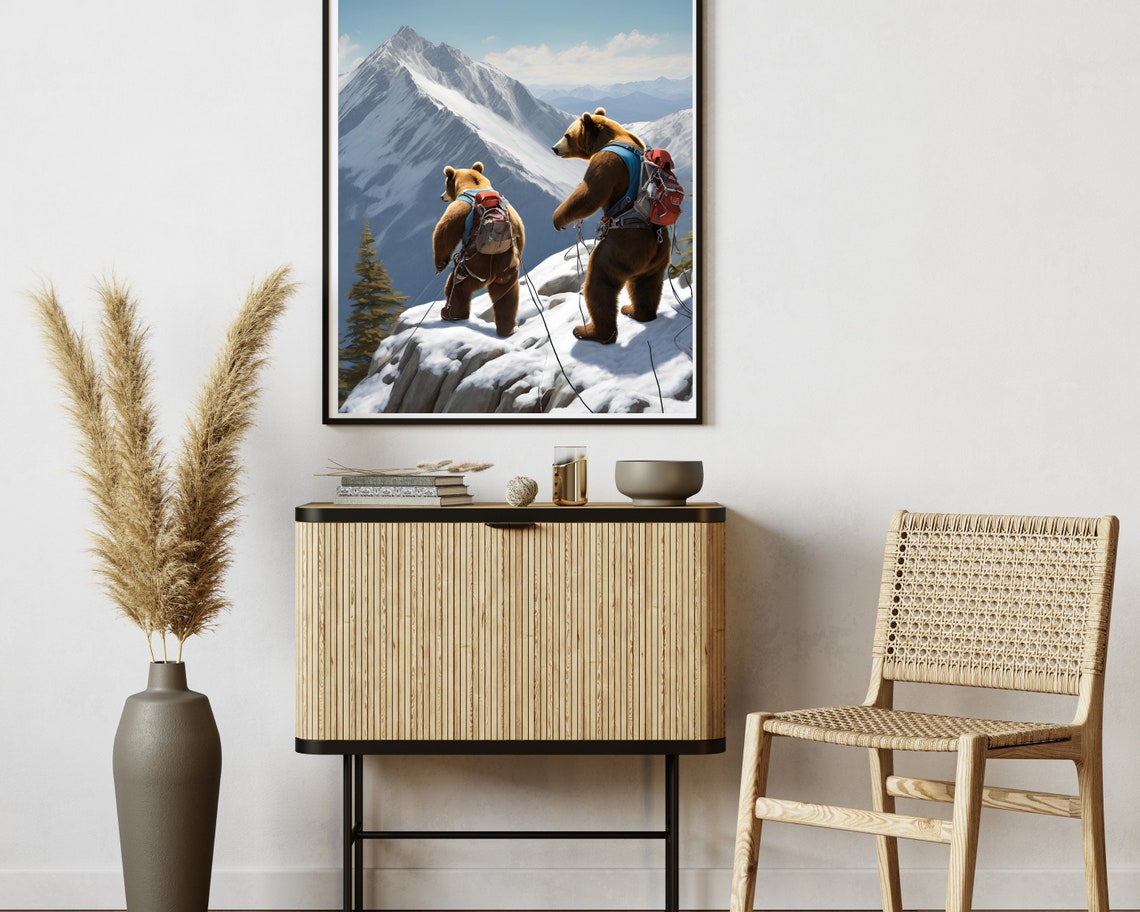 Funny Bears Climbing a Snowy Mountain with Backpacks Hike Poster - Image 2