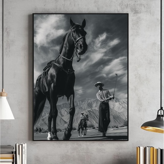 Black And White Polo Player With Horse Dramatic Sports Poster