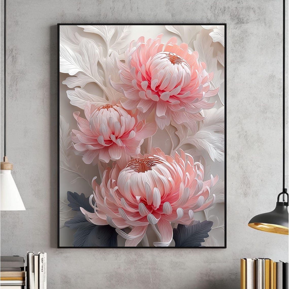 Elegant Pink Chrysanthemum 3D Floral Relief Botanical Poster