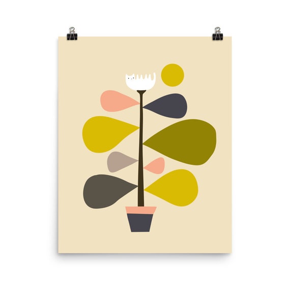 Mid Century Modern Colorful Cat in Potted Plant Abstract Poster