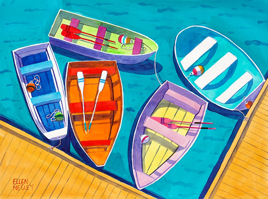 Colorful Rowboats Tied at a Wooden Dock from Overhead Poster