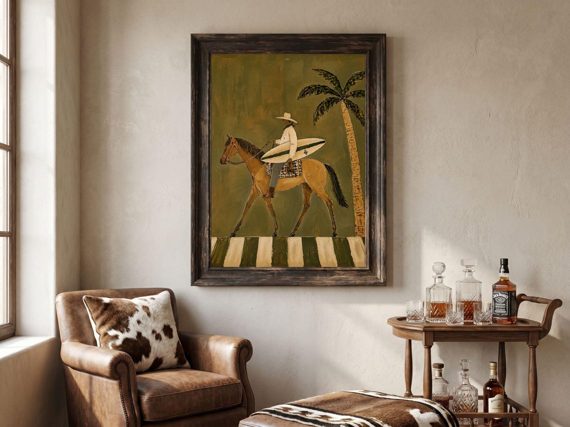 Coastal Cowboy Wall Art Surf Horse Beachy Western Modern Decor Olive Green Equestrian Print Lover Artwork - Image 4