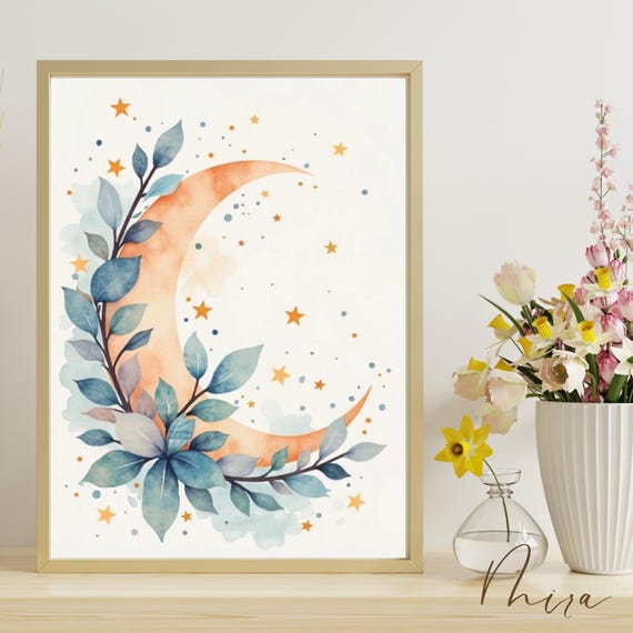 Crescent Moon Eucalyptus Watercolor Print Boho Celestial Wall Art