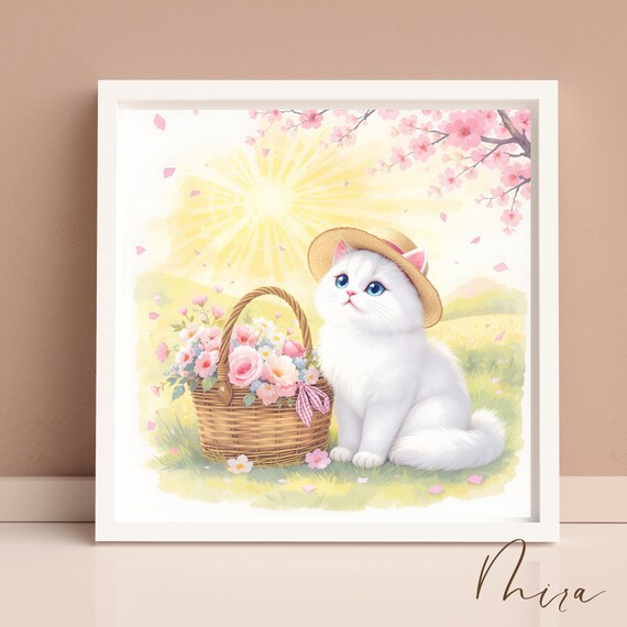 White Cat With Cherry Blossom Straw Hat And Flower Basket Poster