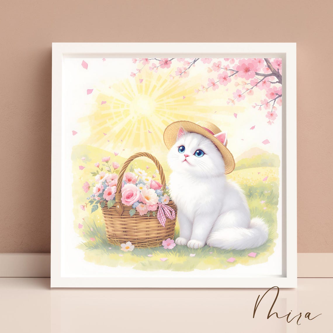 White Cat With Cherry Blossom Straw Hat And Flower Basket Poster