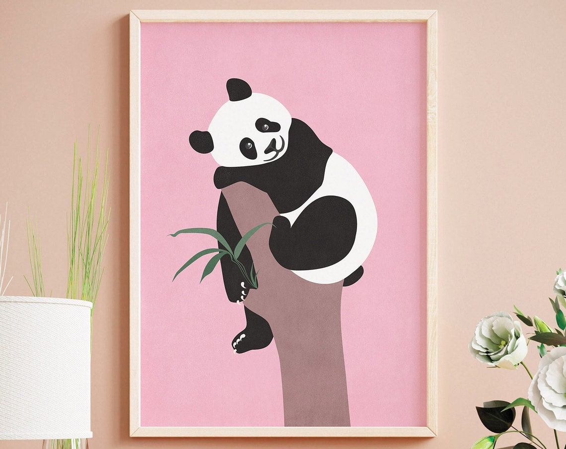 Cute Panda Climbing Tree Poster on Soft Pink Nursery Background Art