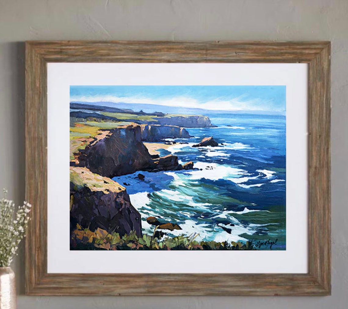 Big Sur California Rocky Cliffs Crashing Waves Coastal Painting Poster
