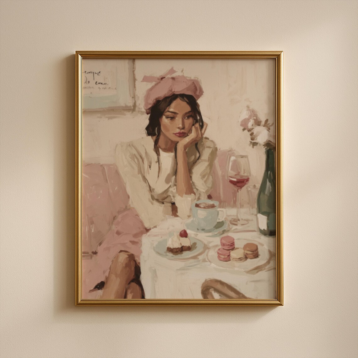 Parisian Woman Pink Beret Cafe Coffee Macarons Wine Vintage Poster
