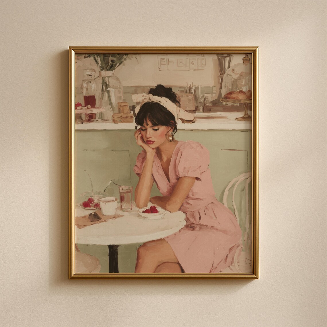 Parisian Woman Pink Dress Cafe Coffee Vintage Style Painting Poster