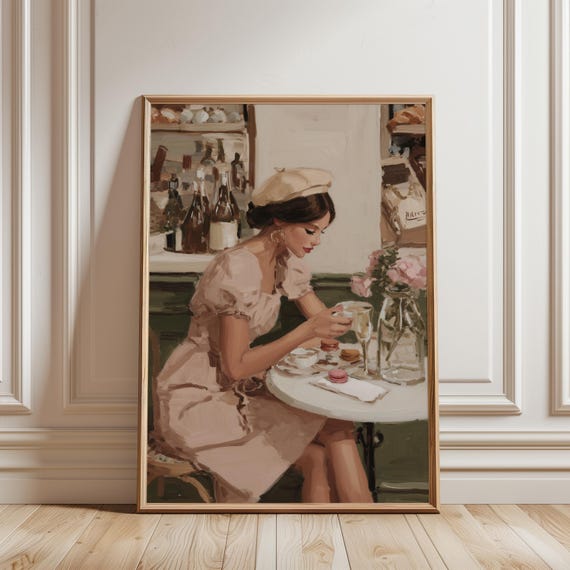 Vintage Parisian Woman Art Feminine Portrait French Girl Romantic Retro Illustration