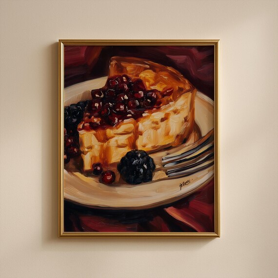 Cherry Cheesecake Slice Oil Painting Rich Dessert Still Life Art Poster