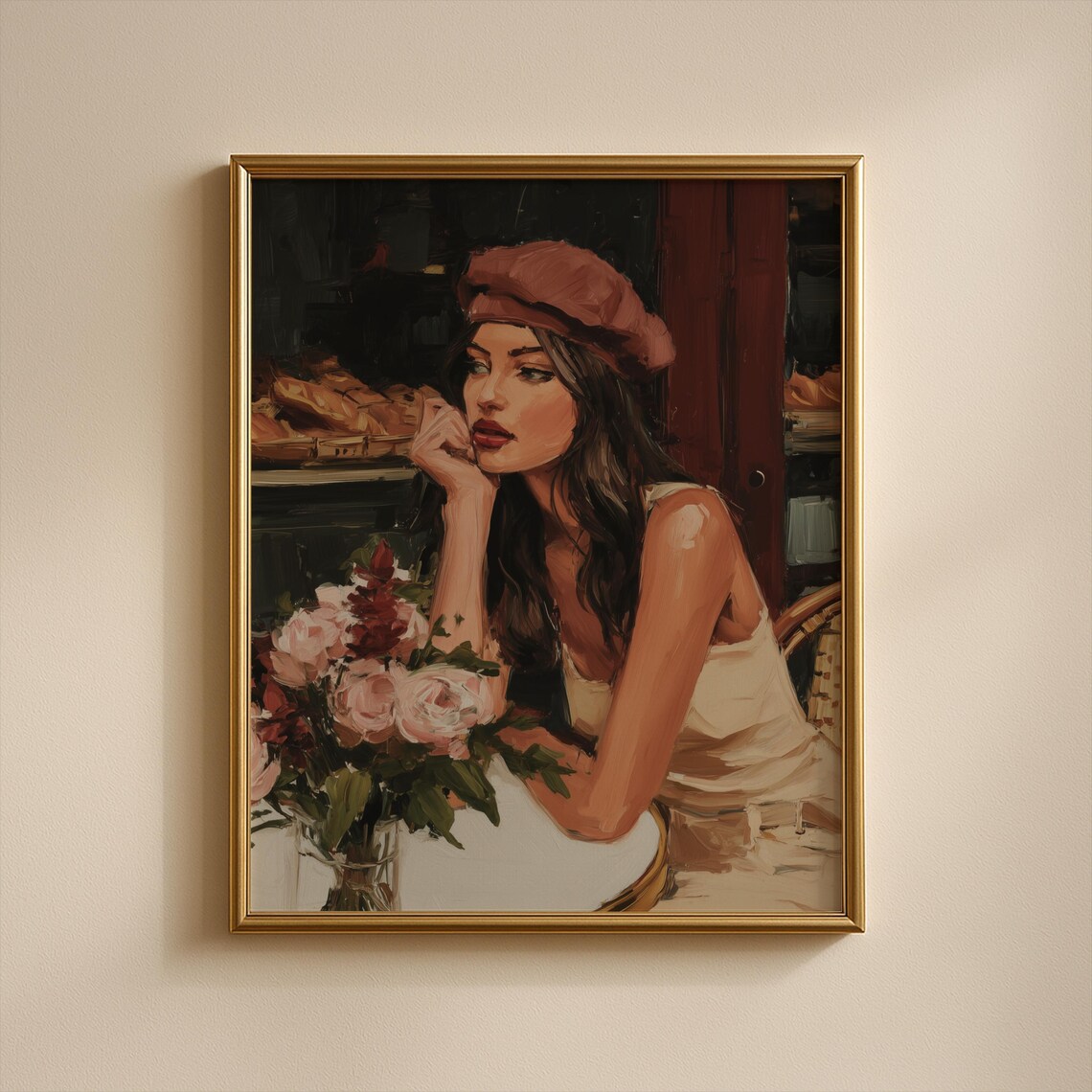 Woman in Pink Beret at Paris Cafe Flowers Oil Painting Feminine Art Poster