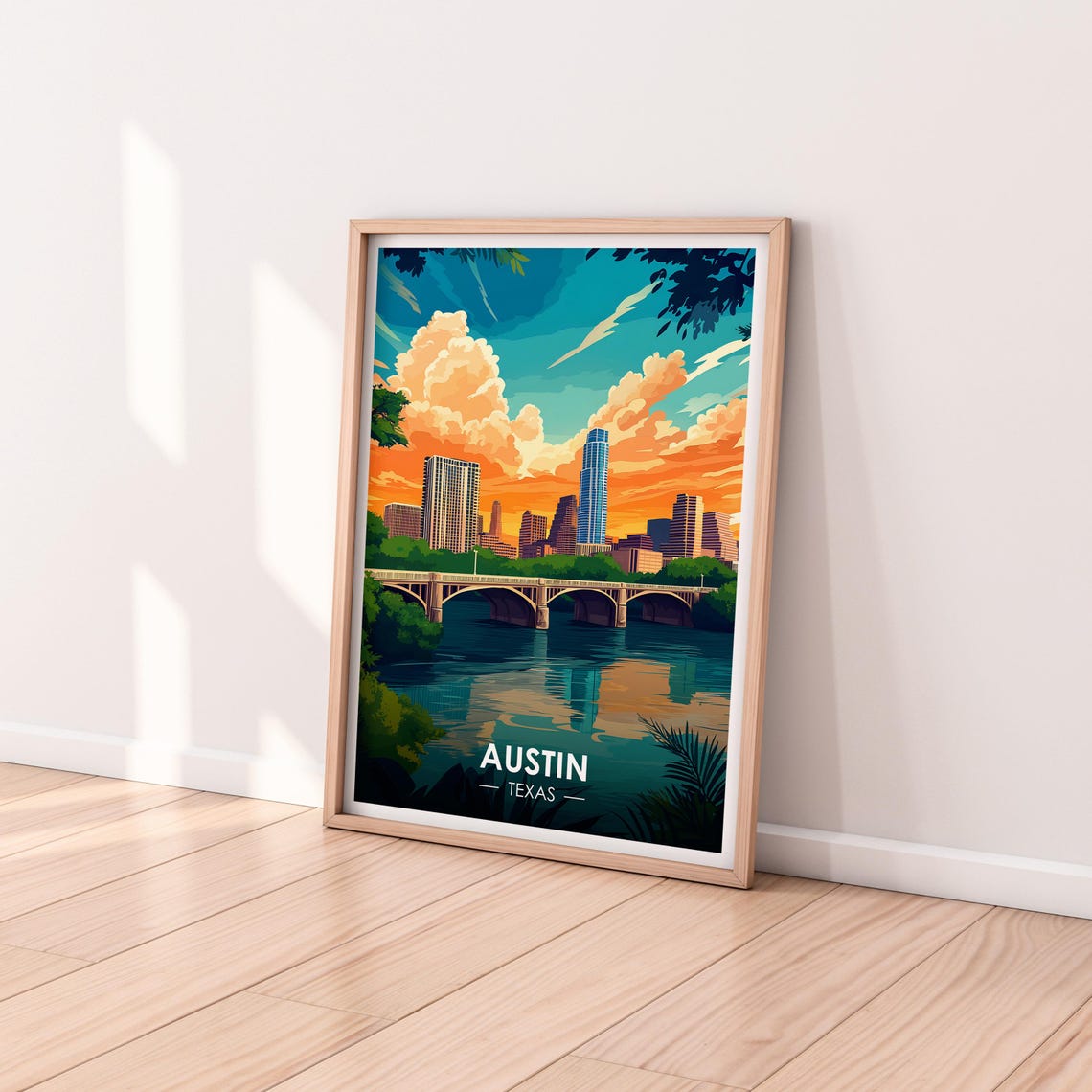 Austin Texas Skyline Bridge Dusk River Reflection Travel Poster - Image 2