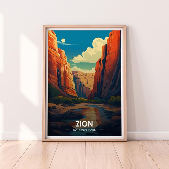Zion National Park Red Rock Canyon River Vintage Travel Poster