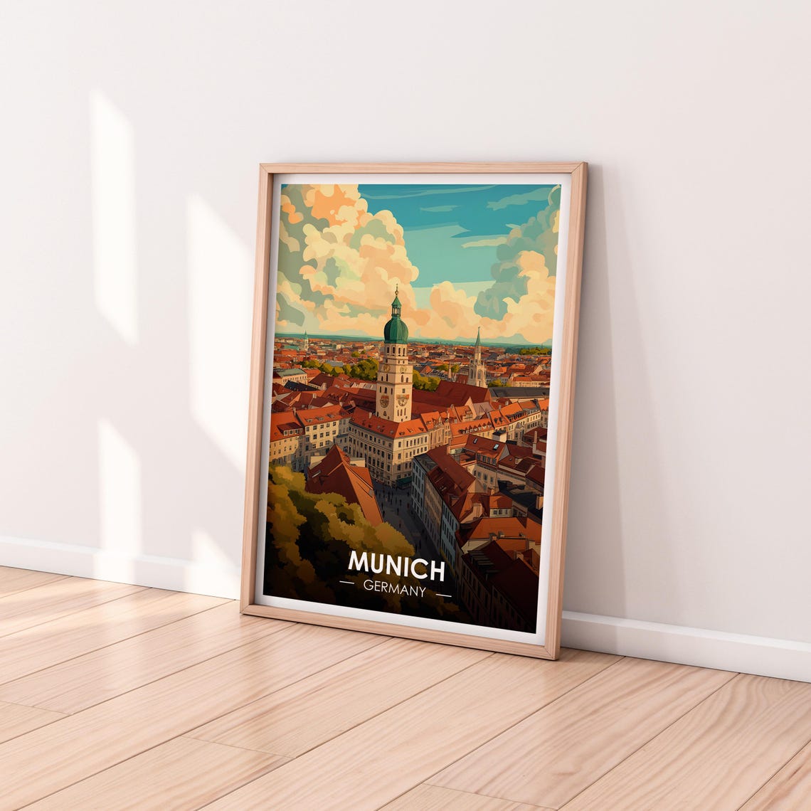 Munich Germany Church Clock Tower Old Town Aerial Retro Travel Poster - Image 2