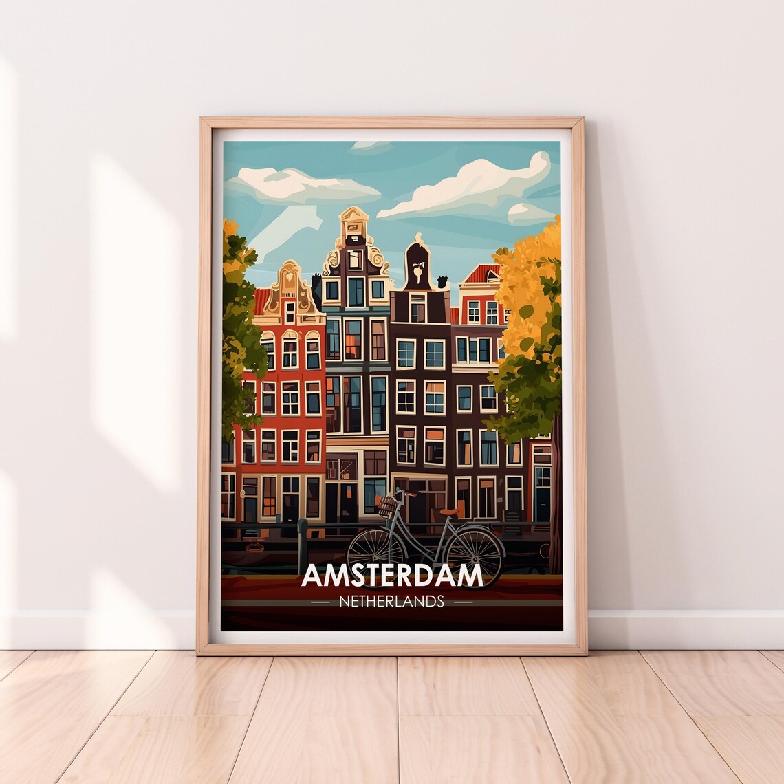 Amsterdam Netherlands Canal Houses Bicycle Retro Travel Poster
