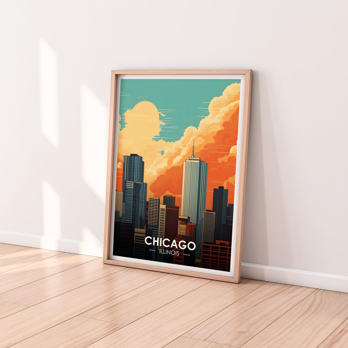 Chicago Illinois Downtown Skyline Sunset Orange Clouds Poster - Image 2
