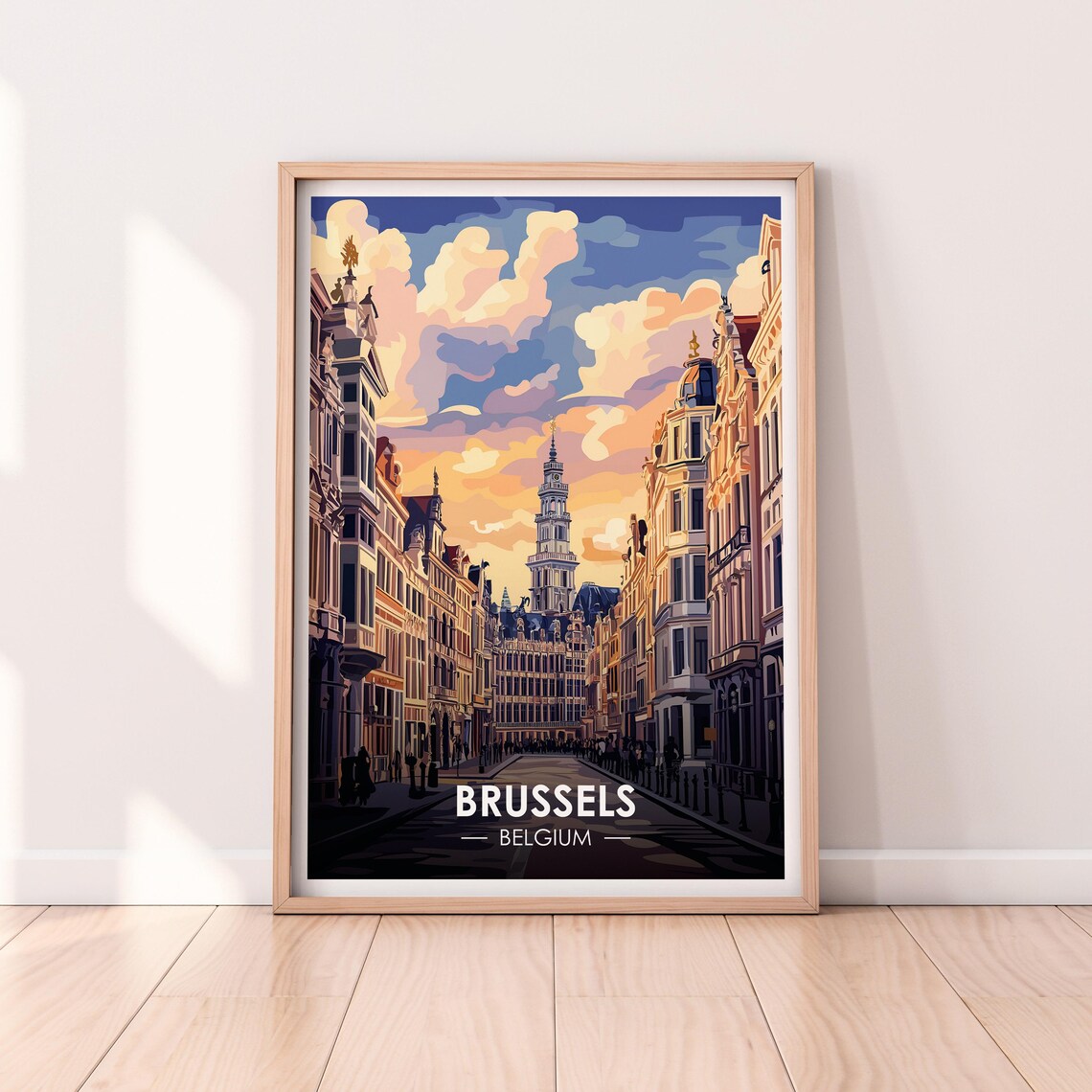 Brussels Belgium Grand Place Street Sunset Vintage Travel Poster