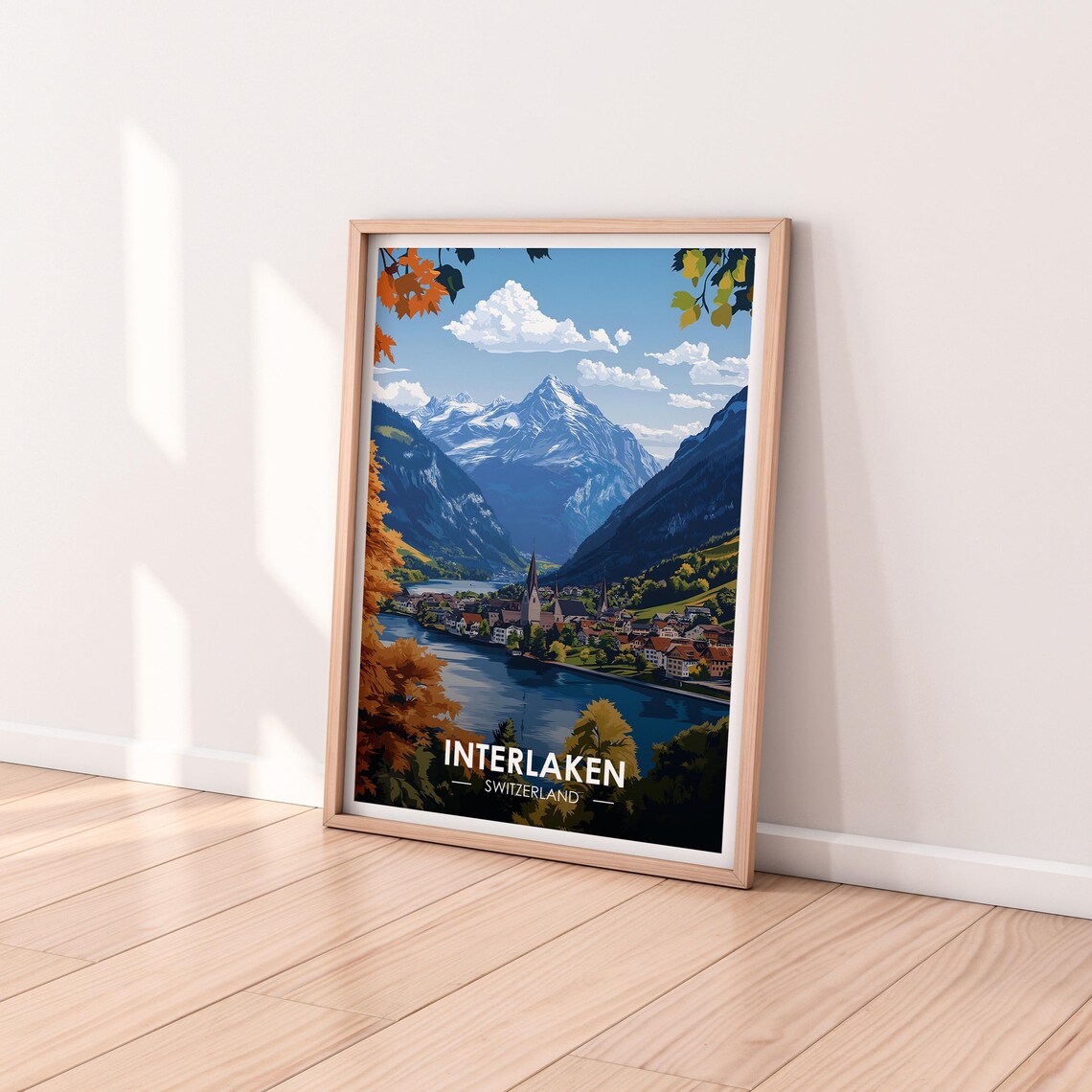 Interlaken Switzerland Town By Lake Snowy Peaks Travel Poster - Image 2