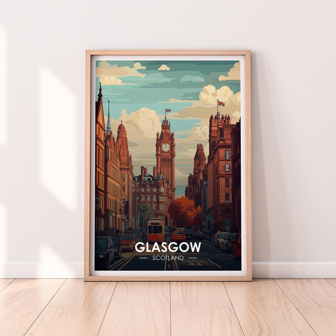 Glasgow Scotland Red Sandstone Street Daytime City Bus Poster